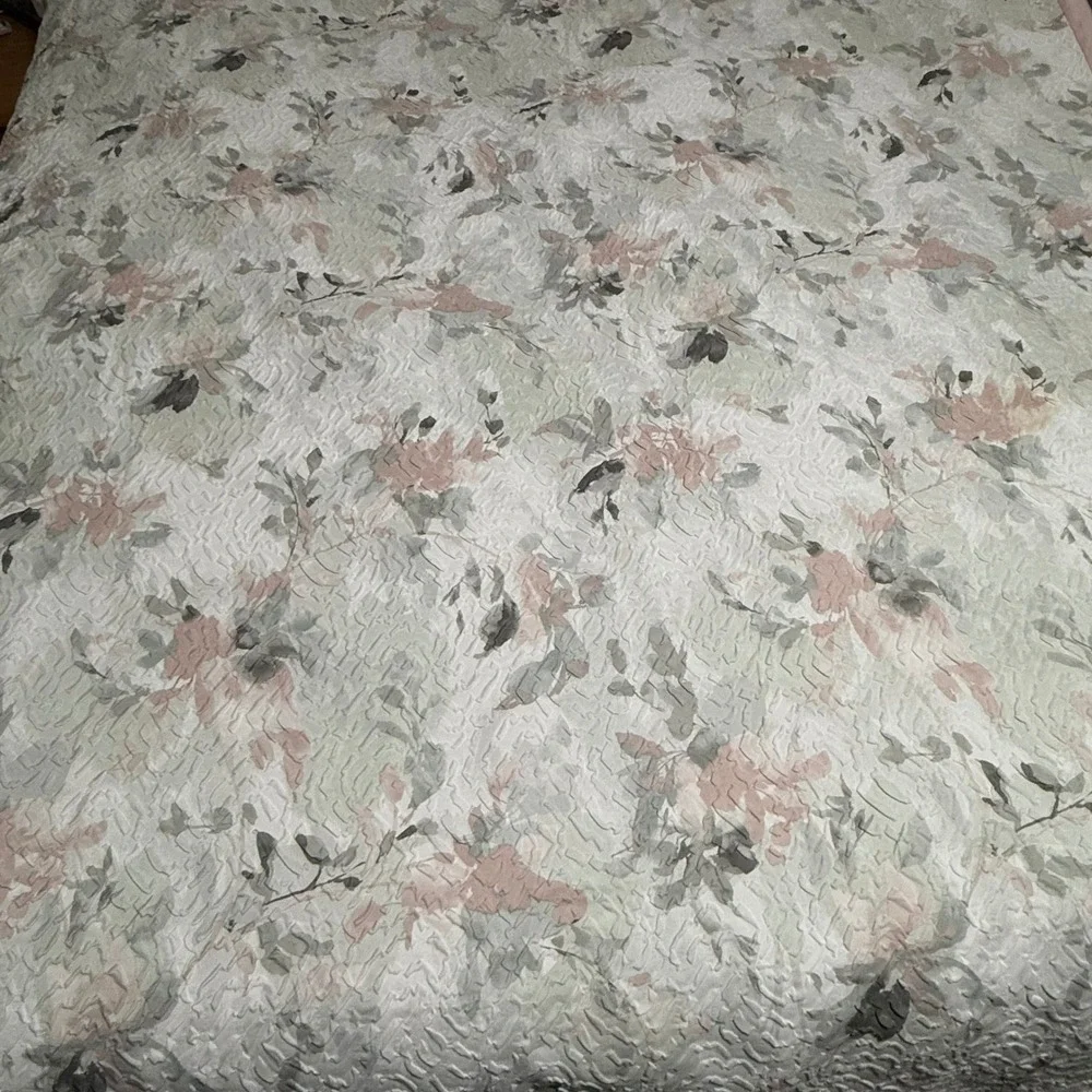 DKNY Full Queen Duvet Cover Floral Jacquard Sage Green Pink 88x92 Button Closure